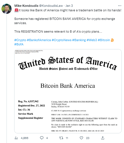 律师：“Bitcoin Bank America”商标已被注册，美国银行面临一场商标战