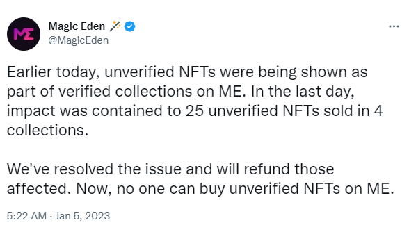 Magic Eden將向已購買未經驗證NFT的用戶進行退款
