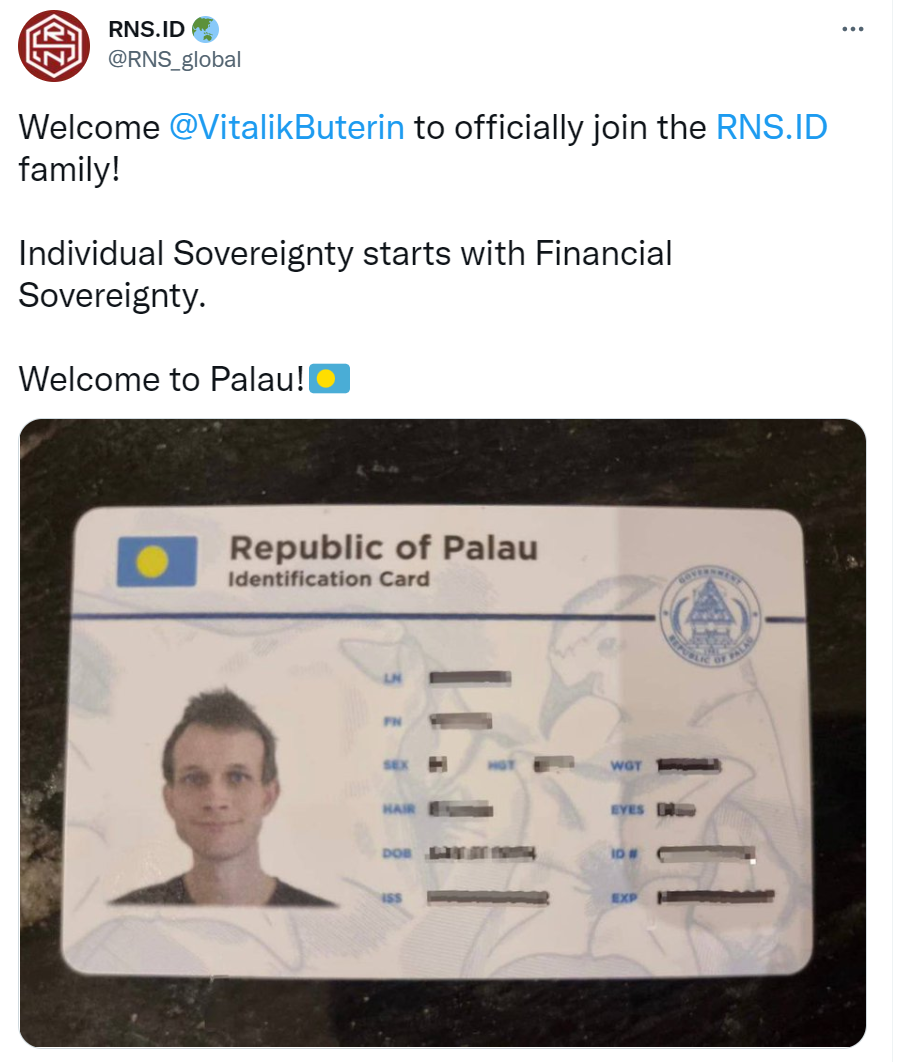 以太坊创始人Vitalik Buterin已正式获得帕劳共和国RNS.ID身份证
