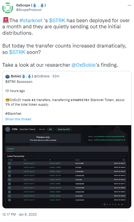 0xscope：StarkNet代币合约关联地址转移总供应量7%的STRK代币，或系分发初始分配