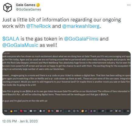 Gala Games：正与巨石强森合制Web3电影，旗下影业和音乐平台以GALA作为Gas代币