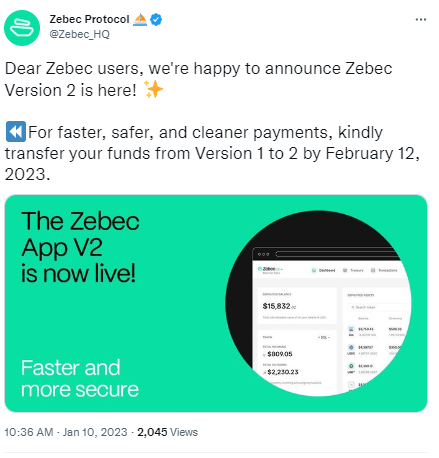 Solana生态支付协议Zebec已推出V2版本，用户需在2月12日前转移资金