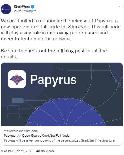 StarkWare發布新的StarkNet開源全節點Papyrus