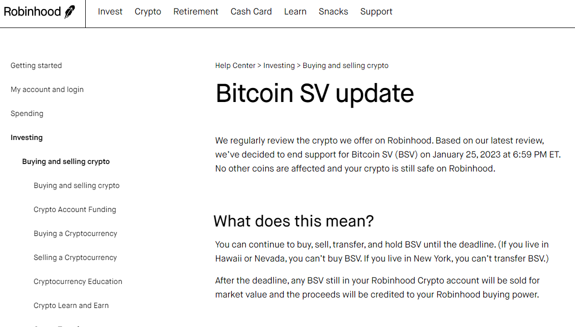 Robinhood将下架Bitcoin SV（BSV）