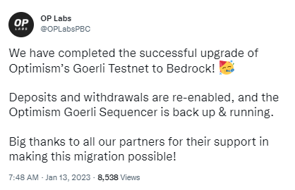 Optimism Goerli测试网已升级至Bedrock架构，存取款已恢复