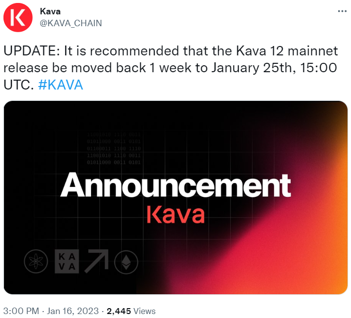 Kava Network將Kava 12主網發佈時間推遲1周至1月25日