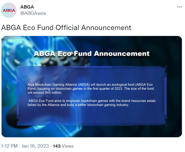 亚洲区块链游戏联盟将于一季度推出超4500万美元的链游生态基金ABGA Eco Fund
