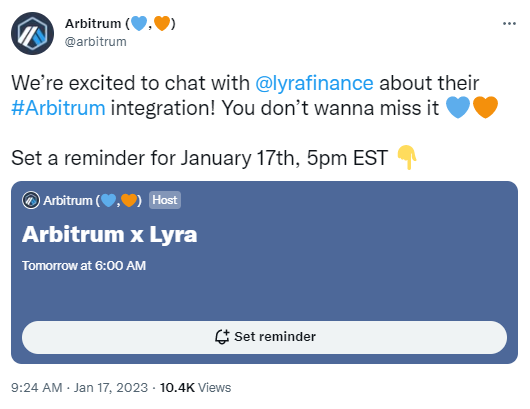 以太坊二層網絡Arbitrum明日將與期權協議Lyra討論集成計劃