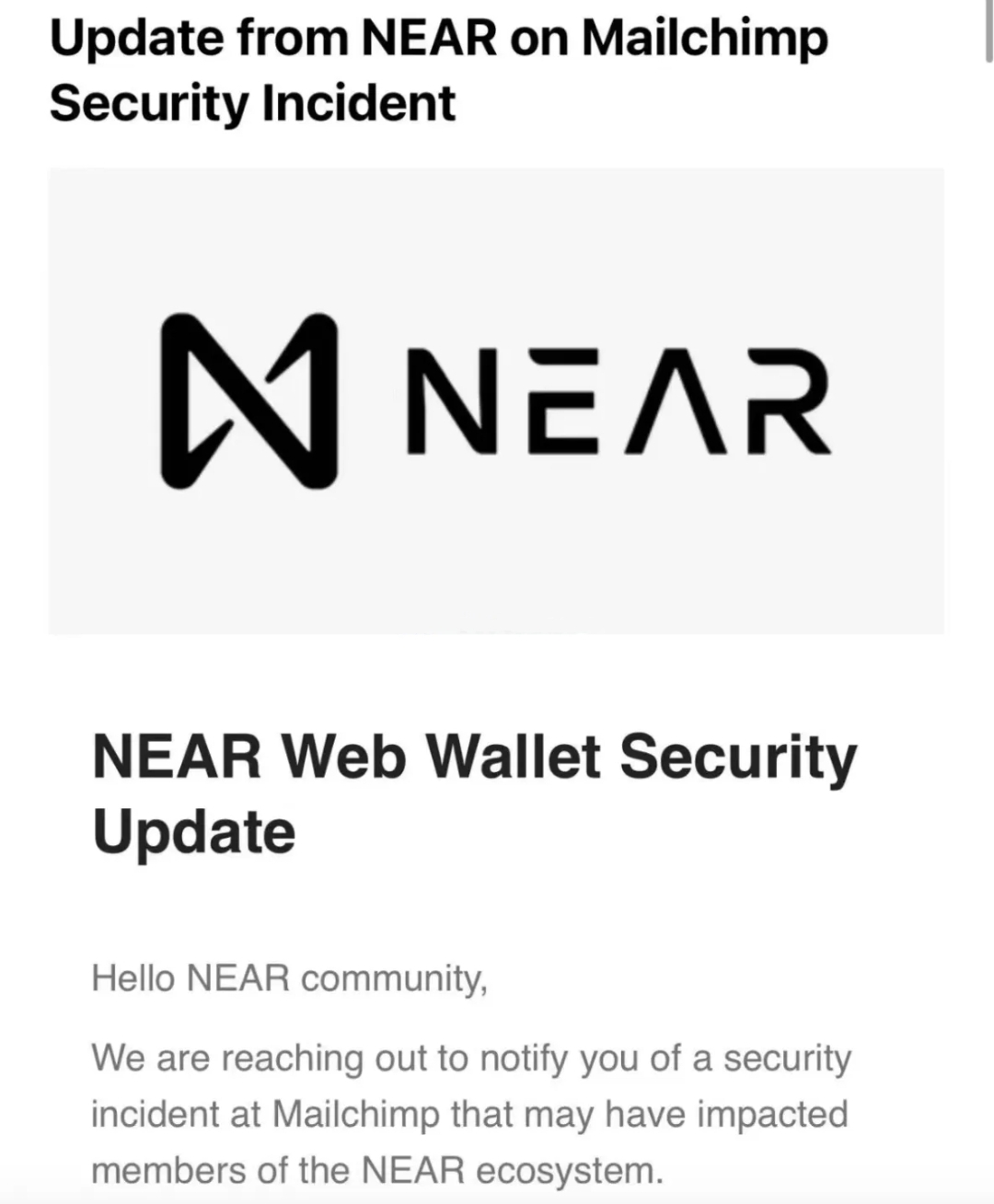Near发布安全提醒：Mailchimp漏洞或将影响Near网页钱包
