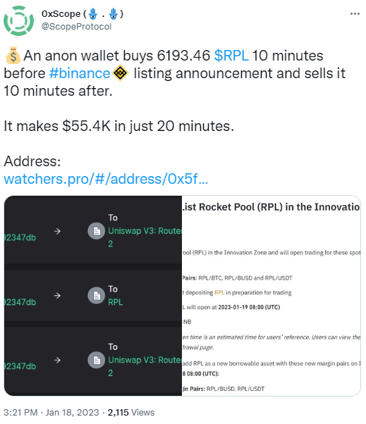 0xscope：某地址在币安宣布上线RPL前后20分钟内获利5.54万美元