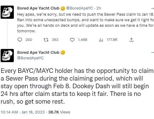 BAYC將游戲Dookey Dash的門票Sewer Pass領取時間推遲至1月18日