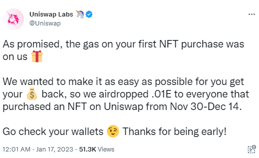 Uniswap向去年11月30日至12月14日在该平台购买过NFT的用户空投0.01枚ETH