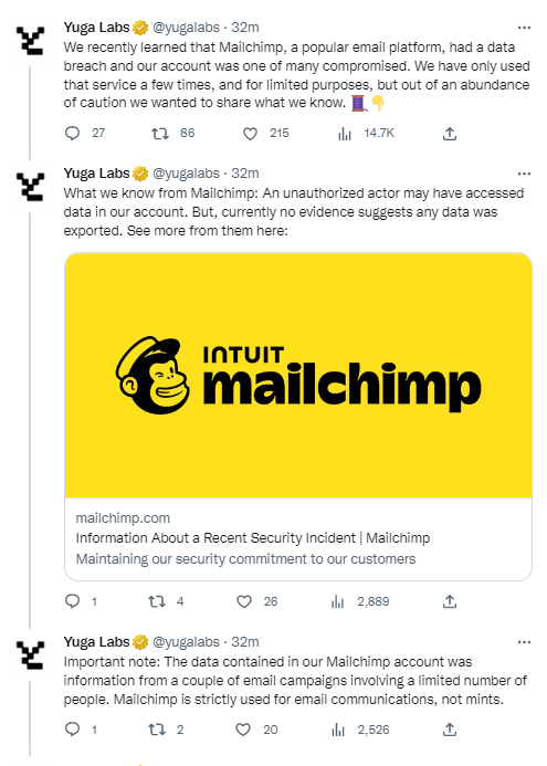 Yuga Labs：Mailchimp漏洞可能导致用户数据被访问但未被导出，将继续调查此事