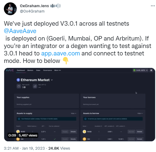 Aave已在Goerli、Mumbai、Optimism和Arbritum测试网上部署V3.0.1版本