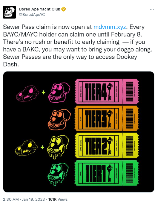 BAYC：铸造游戏Dookey Dash门票Sewer Pass已开放领取