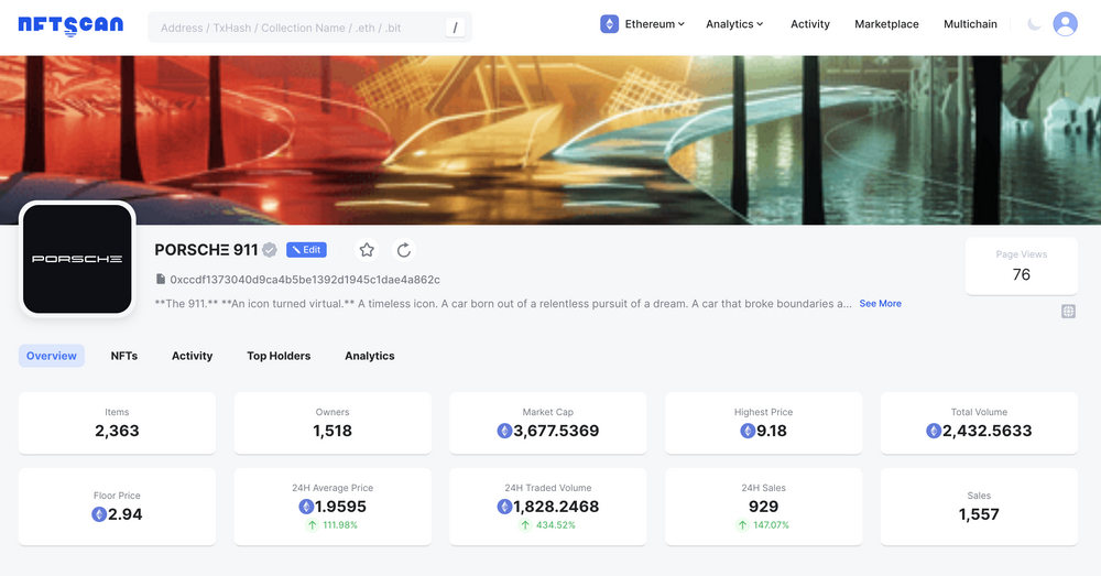 保時捷NFT項目PORSCHΞ 911最近24 小時交易量全網排名第一，目前地板價為 2.94 ETH