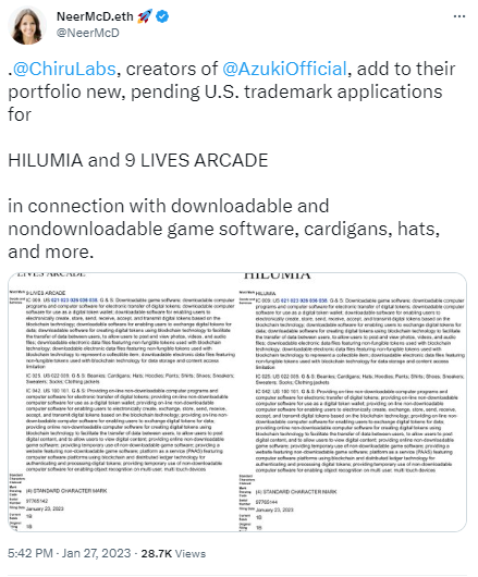 Azuki开发团队Chiru Labs为其虚拟城市Hilumia提交商标注册申请