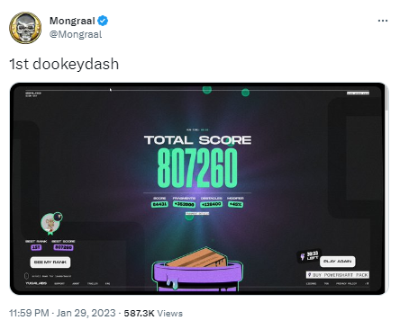 知名电竞选手Mongraal暂获BAYC铸造游戏Dookey Dash最高分记录