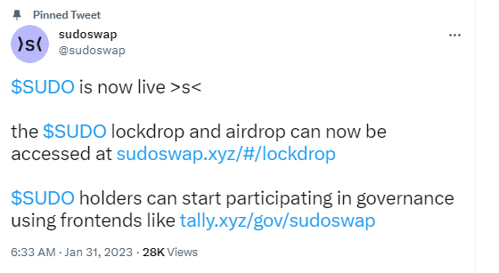 NFT交易平台SudoSwap已上线治理代币SUDO，并已启动空投及Lockdrop