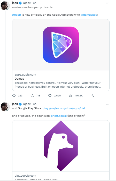 Jack Dorsey：基于Nostr的社交产品Damus和Amethyst正式上线