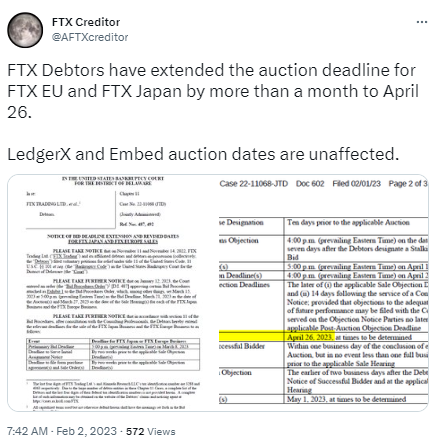 FTX欧洲和日本子公司拍卖截止日期延长至4月26日