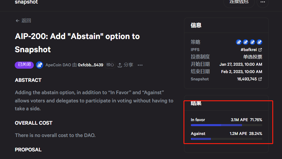 ApeCoin DAO社区关于新增投票“弃权”选项的提案已获通过