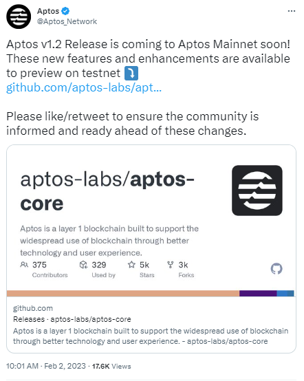 Aptos Node v1.2版本將上線主網，新增指數回退、支持新整數類型等功能