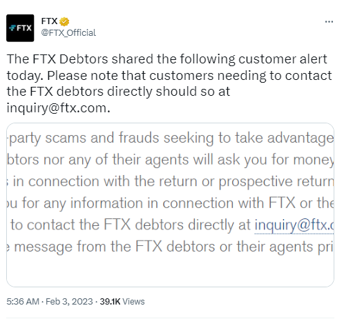 FTX：用户请警惕以返还资产为诱饵的诈骗信息