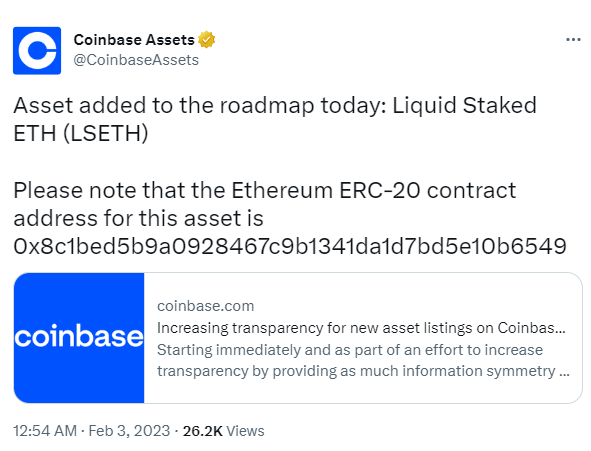 Coinbase将Liquid Staked ETH（LSETH） 列入上币路线图