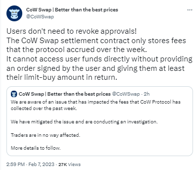 CoW Swap：遭攻击的结算合约仅影响协议一周的费用，交易用户不受影响