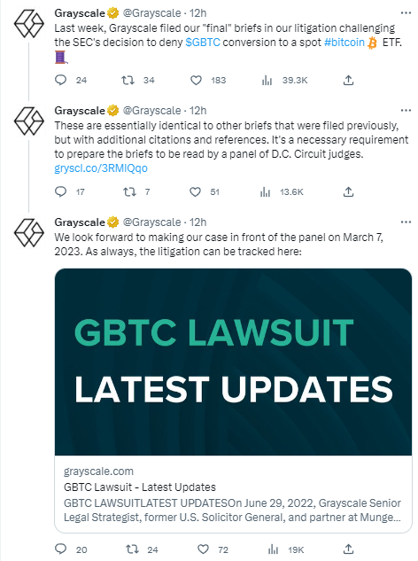 灰度：已就对SEC拒绝比特币现货ETF的诉讼提交最终简报