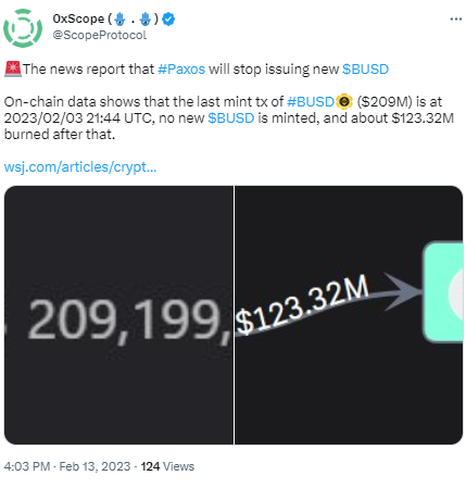 0xscope:BUSD的最后一次铸造交易是在2月4日