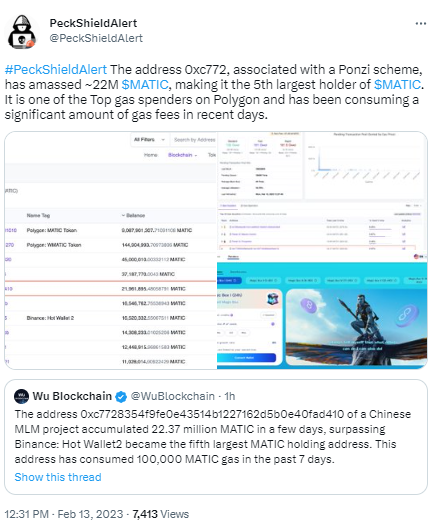 派盾：某诈骗地址已积累2200万枚MATIC，系MATIC第五大持币地址