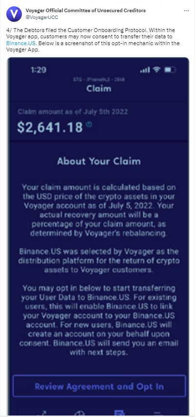 Voyager已支持債權人將數據傳輸到Binance US平台以待收回資金