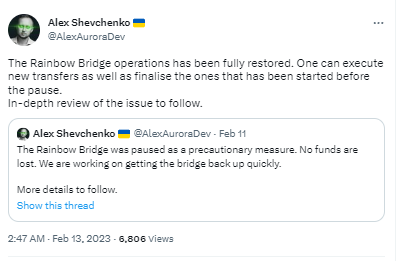 Aurora CEO：彩虹桥已完全恢复，将深入审查此问题
