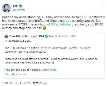 徐明星:BUSD无盈利预期不应被视为证券,因此SEC或不会赢