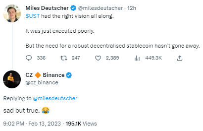 赵长鹏同意“UST去中心化稳定币的愿景很好但执行糟糕”的观点