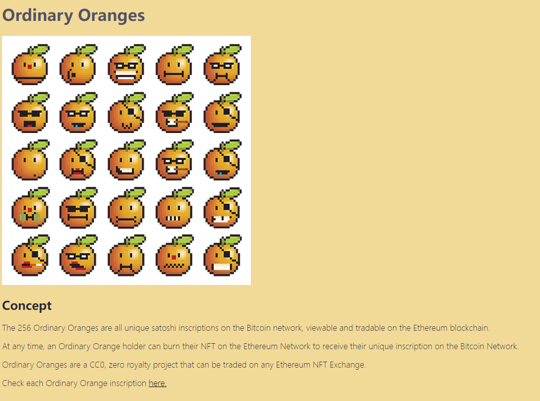 CapsuleNFT推出比特币NFT系列Ordinary Oranges，可实现在以太坊主网访问