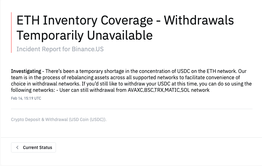 Binance USD暂停在ETH网络上提取USDC，其他链不受影响