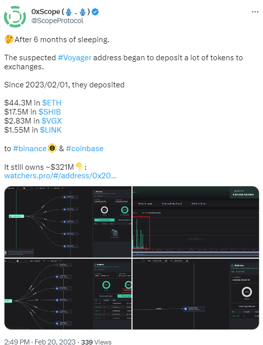 Voyager地址在休眠6个月后，本月已向交易所共存入6618万美元的代币