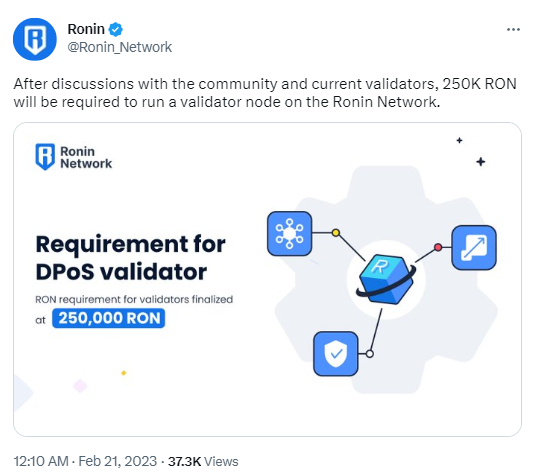 Ronin Network：运行验证者节点需质押25万枚RON