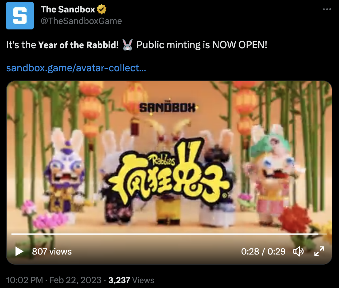 The Sandbox：育碧Rabbids（疯狂兔子）NFT公开铸造正式启动