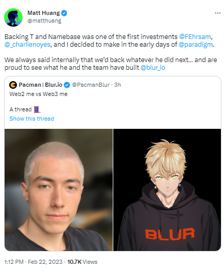 Paradigm联创:曾投资支持Blur创始人之前的Namebase项目,会一直支持他