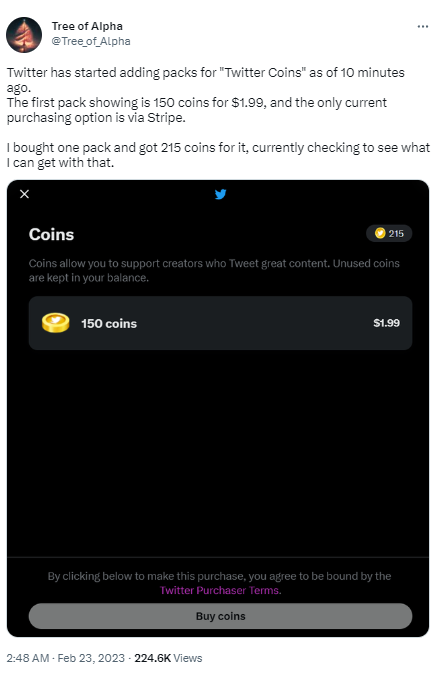 Twitter已开始测试添加Coins功能，测试环境中显示可通过Stripe购买