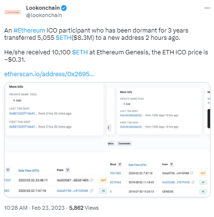 数据：休眠3年的以太坊融资参与者地址今日将5055枚ETH转入新地址