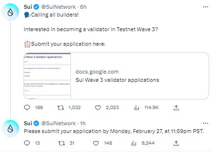 Sui Network正募集Wave 3测试网验证者，2月28日截止