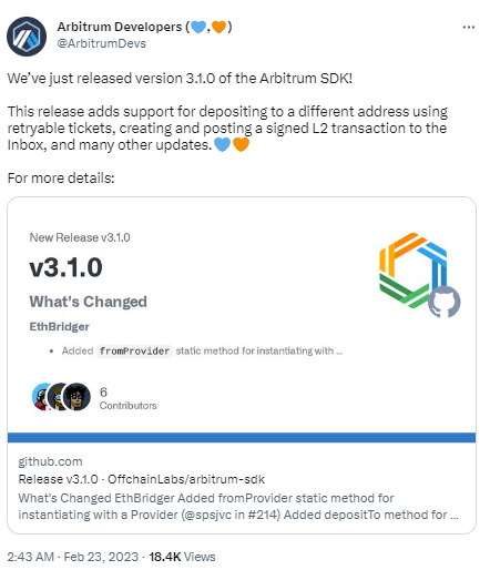 Arbitrum正式發布Arbitrum SDK 3.1.0，新增支持創建簽名L2交易等功能