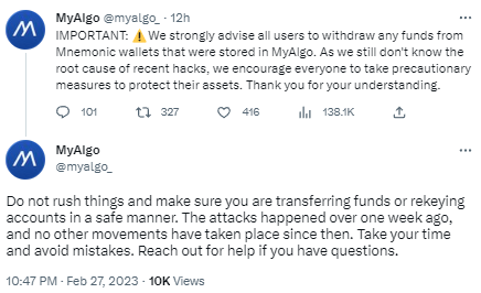 MyAlgo钱包:一周前遭黑客攻击且未查出原因,建议用户提取资金