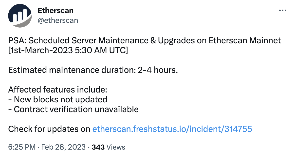 Etherscan主網服務器將於明日13:30進行維護和升級，預計持續2-4小時