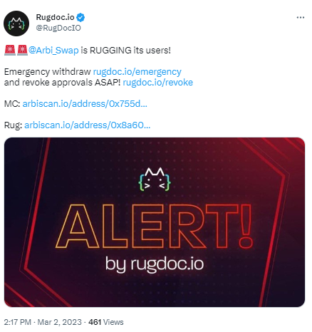 安全公司：Arbitrum生态DEX ArbiSwap疑似Rug Pull 